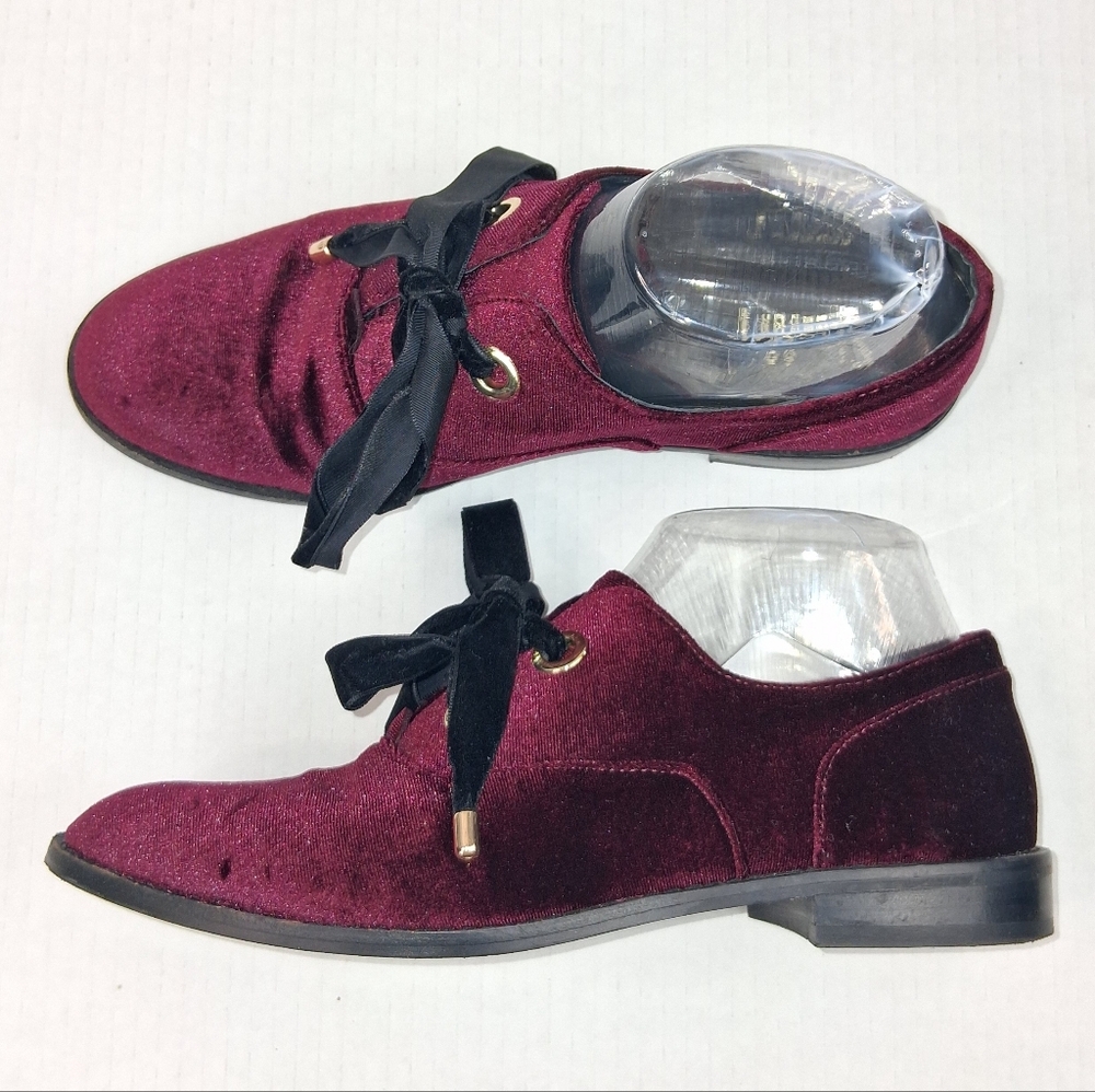 Shellys London Frankie Burgundy Velvet Ribbon Lace Up Oxfords Loafers